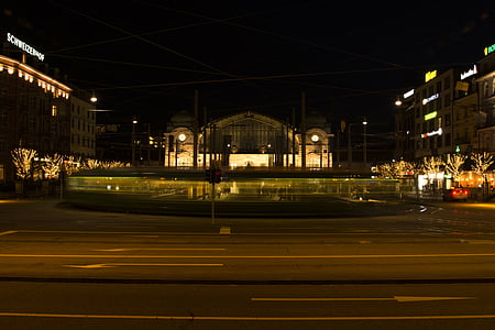 Basel, pályaudvar, villamos, úgy tűnt, közúti, forgalom, fények