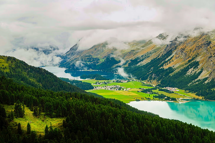 Švýcarsko, krajina, obloha, mraky, mlha, východ slunce, jezero
