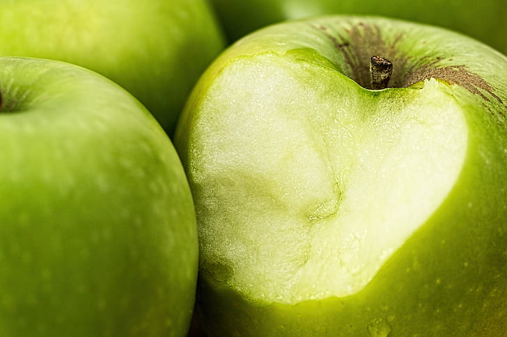 Apple, hijau, gigitan, sehat, apel hijau, buah, juicy