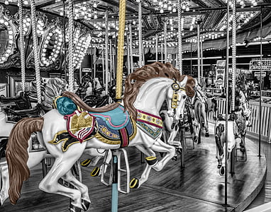 carousel, merry-go-round, roundabout, whirligig, fun fair, funfair, playing