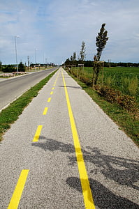 sykkelsti, bane, innebygd, skøyter, runde, veien, asfalt