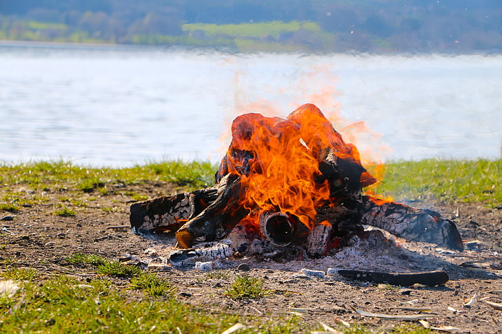 campfire, fire, lake, grilling, romance