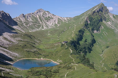 Lac, Bergsee, piscine, Landsberger hut, pointe de Pierre kar, dentelle rouge, Alpes d’Allgäu