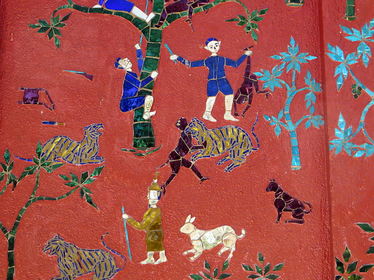 laos, luang prabang, vat sen soukharam, mosaic, mural, characters, stories