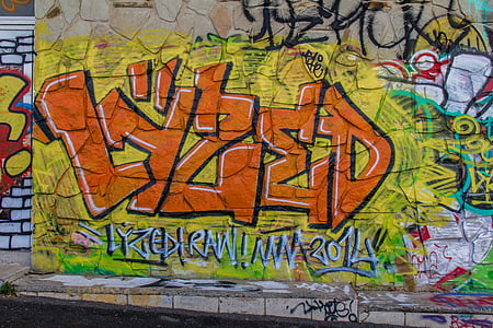 grafiti, dinding seni, perkotaan, warna-warni, batu bata