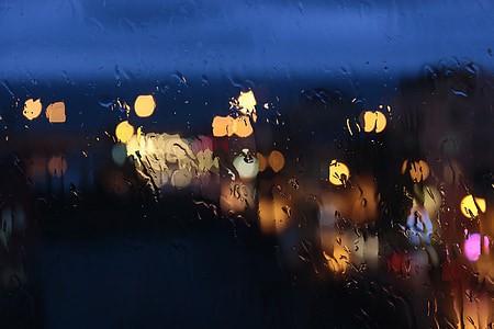 bokeh, rain, glass, night, dark