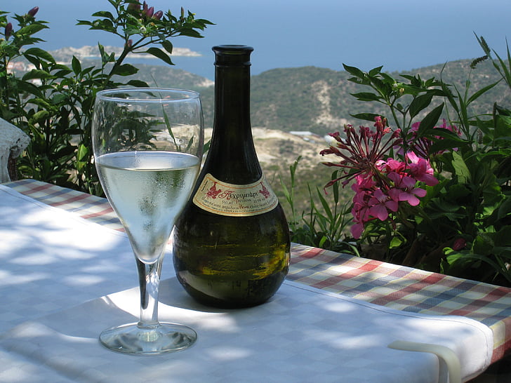 wine, retsina, greece, glass, bottle, view, flowers