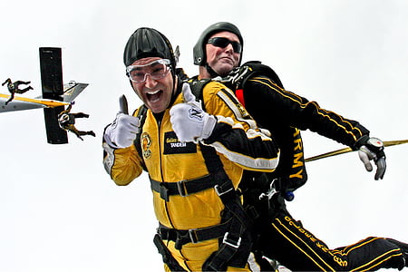 adrenaline, jumping, jumpsuit, men, parachute, rush, sky