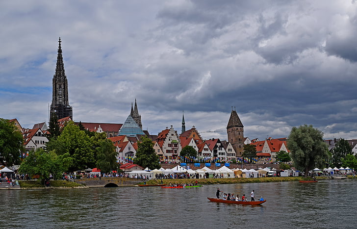 Ulm, Danubi fixa, ciutat, riu, núvols, Kahn, banderes