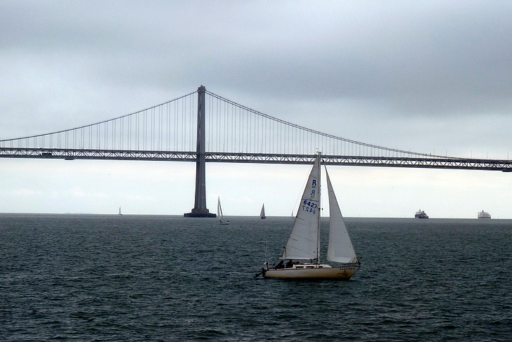 Bay, brug, San francisco, Oakland bay bridge, staalkabels, zeilboot, zeilen