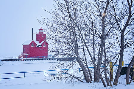 ngọn hải đăng, mùa đông, màu đỏ, tuyết, băng, cảnh quan, lạnh