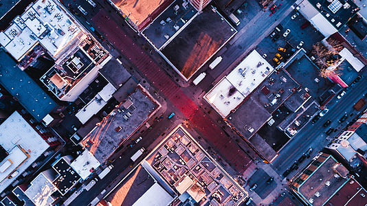 aerial, top, view, road, street, buildings, cars