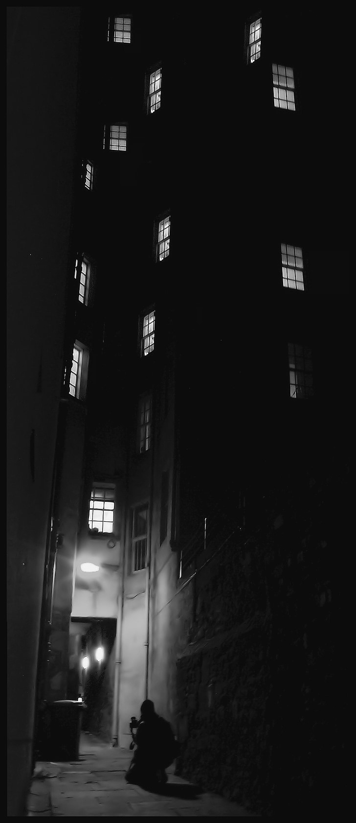 Lane, à noite, arquitetura, cena urbana, preto e branco, cidade de Nova york, escuro