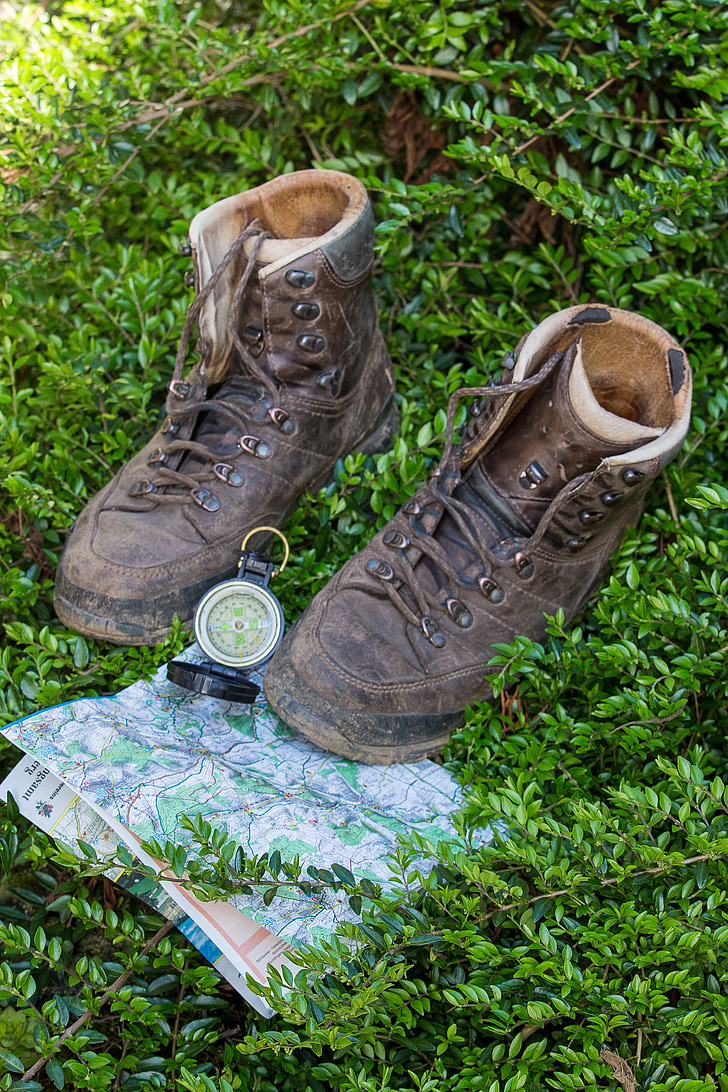hiking, nature, hike, shoes, recovery, compass, map