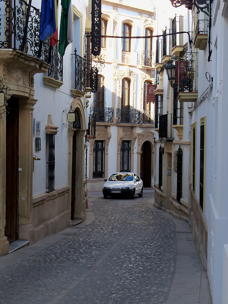 narrow, street, spain, spanish village, europe, car, mountain village