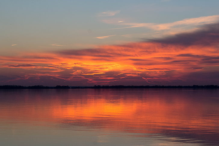 solnedgång, Chesapeake bay, vatten, Maryland, östra stranden, moln, röd