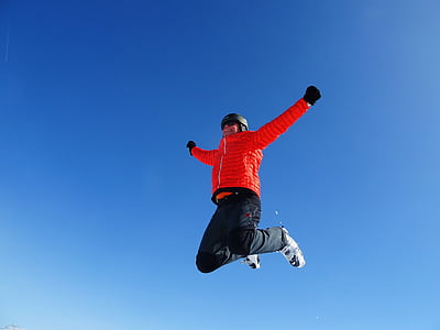 skiing, jump, sky, blue, motion, jumping, one person