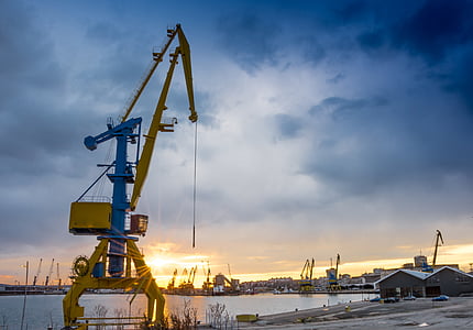 Crane, port, coucher de soleil, transport, Cargo, industrie, industriel
