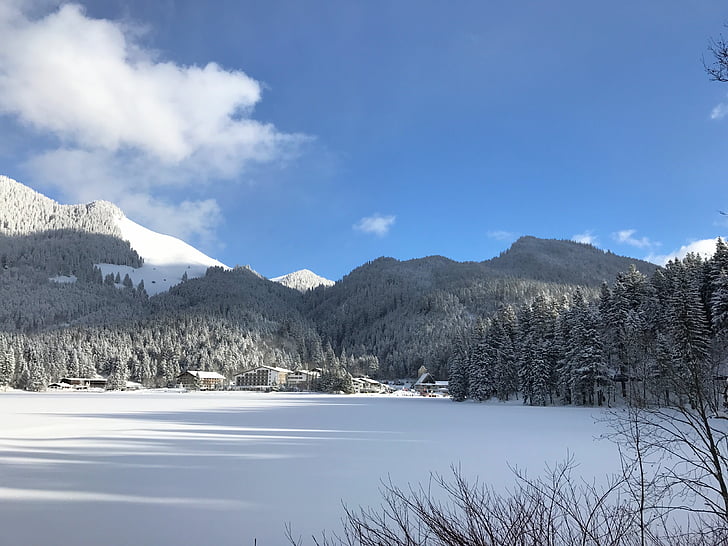Bavorsko, jezero, LED, sníh, Hora, Příroda, Zimní