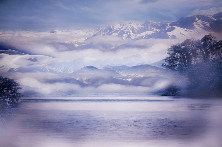 живопис, изображение, зимни, пейзаж, сняг, мъгла, езеро