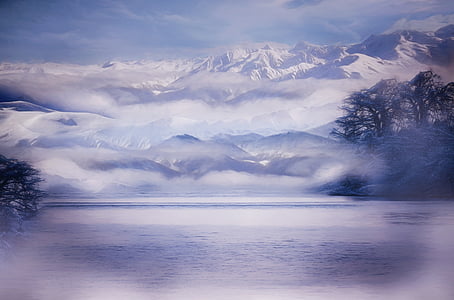 maleri, billede, vinter, landskab, sne, tåge, søen