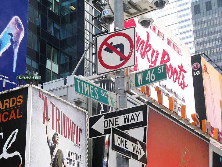 placas de rua, sinais, Nova Iorque, Manhattan, times square, paisagem urbana, urbana
