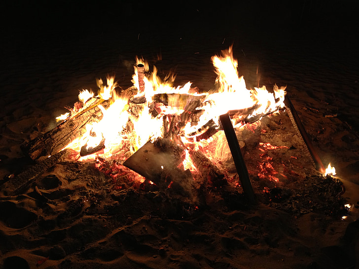 nacht, strand, brand, kampvuur, zand
