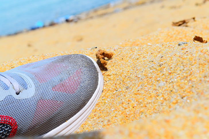 chaussure, plage, été, sable, vacances, mer, voyage
