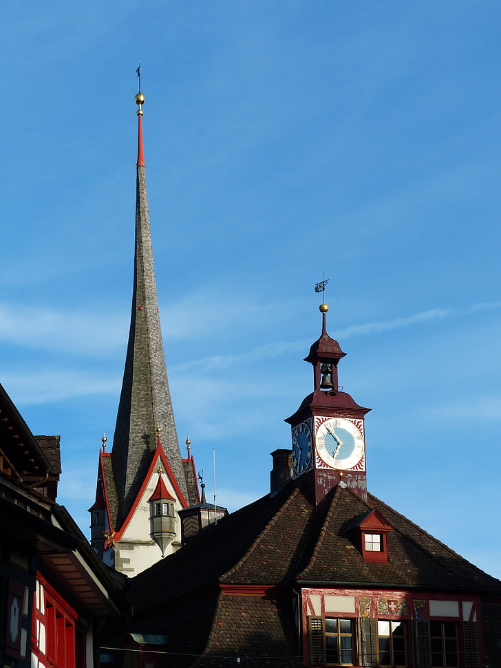 Stein am rhein, Chiesa, Municipio, Case, fachwerkhäuser, facciata, Torre campanaria