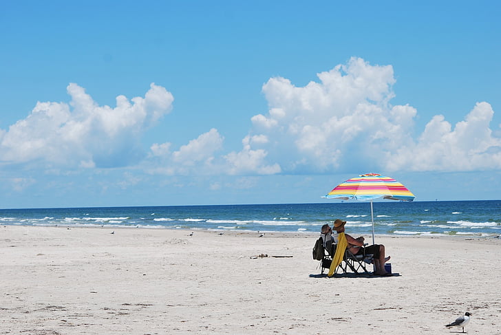 kysten, avslapning, stranden, hav, stol, paraply, solskinn