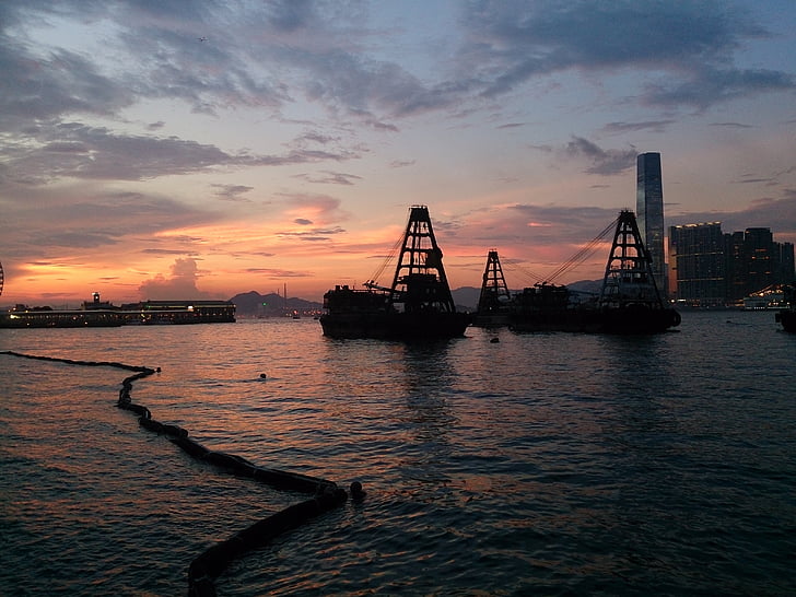 Hong kong, Victoriahaven, zonsondergang, Barges, wand papier, achtergrond, donker