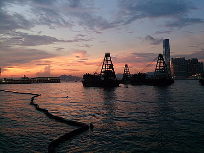Hong kong, Puerto Victoria, puesta de sol, lanchas a remolque, papel de pared, Fondo, oscuro
