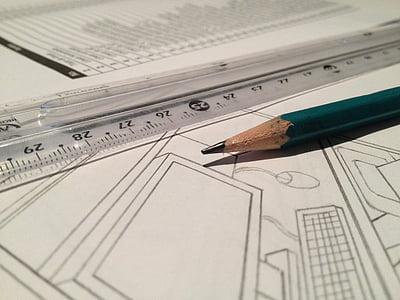 regel, teknisk tegning, blyant, dokument