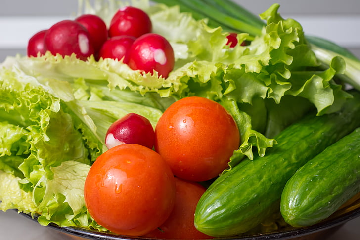 sallad, färsk, grönsaker, tomater, grön, mat, friska