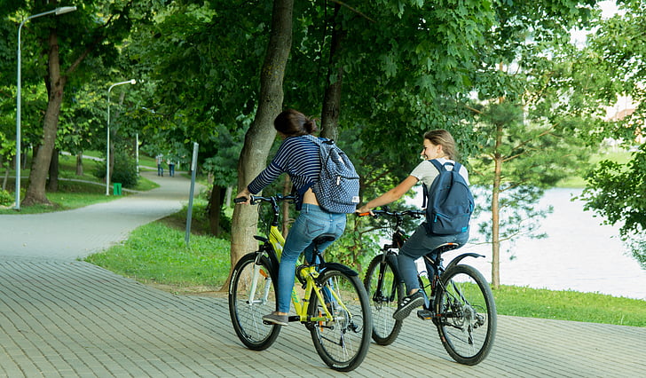 dviračiais, parkas, merginos, paaugliai, važinėti, žmonės, euro