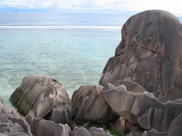 rocha, penhasco, erosão, desbotada, Seychelles, mar