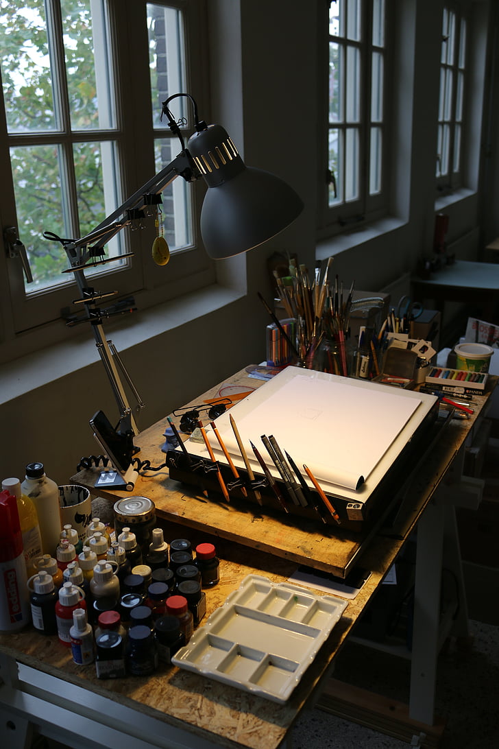 workplace, drawing board, creative, pencils, standing desk, lamp, paint