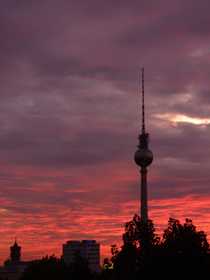 berlin, tv tower, sunset, city, germany