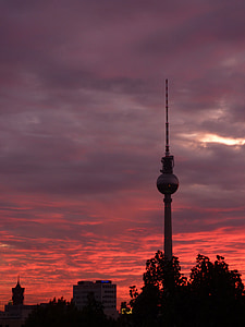 Berlín, Torre de la TV, puesta de sol, ciudad, Alemania