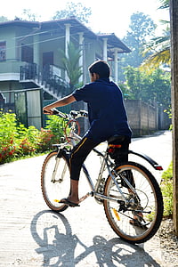 bicycle, boy, morning, back light, road, sport, mountain bike