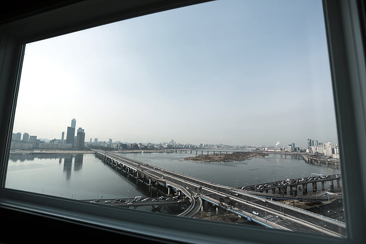 a Koreai Köztársaság, Szöul, Han folyó, folyóparti, város, ablak