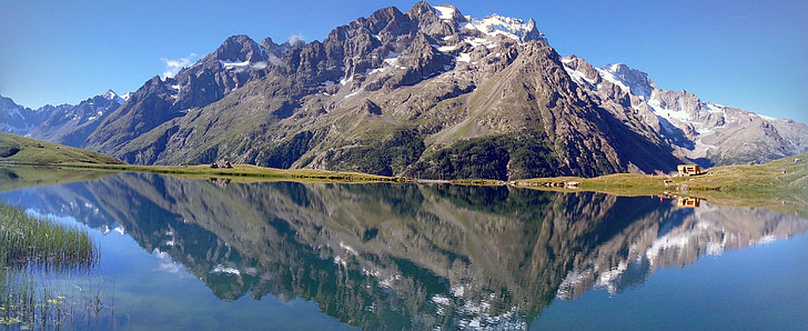 Alpės, kalnų, ežeras, ledynas, atspindys, ramybė, kraštovaizdžio