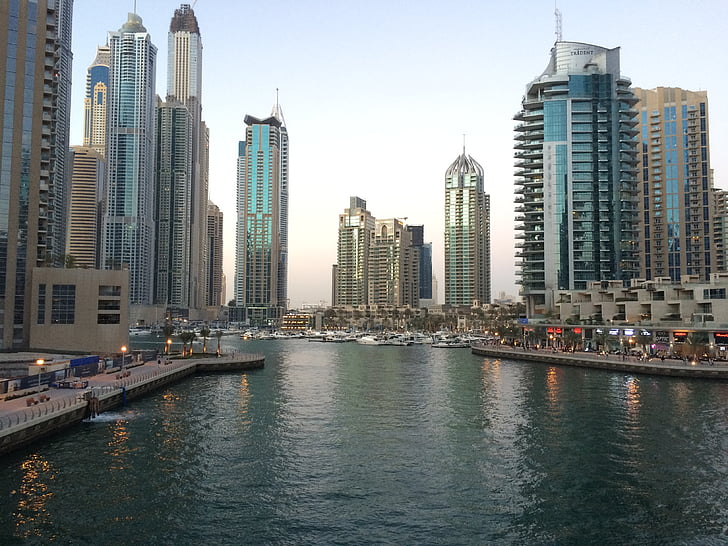 Dubai, skyskraper, vann, emirater, reise, Gulf, kveld