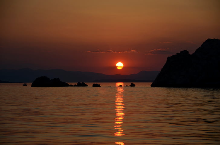 sunset, sea, island, calm, rocks, nature, dusk