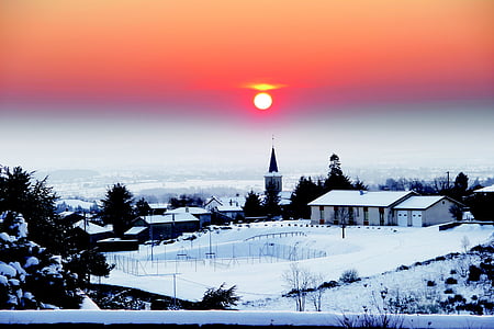 Loire, Saint staré haon, Zimní, Západ slunce, vesnice, pohled, oranžová obloha