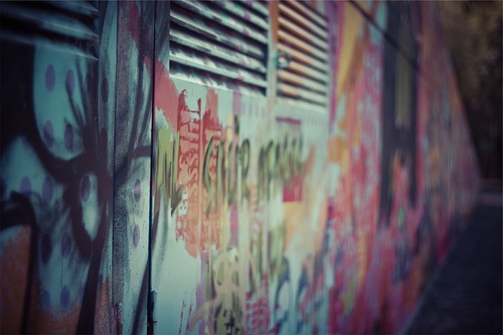 selektivní, zaměření, Fotografie, graffiti, kresba, barva ve spreji, zeď