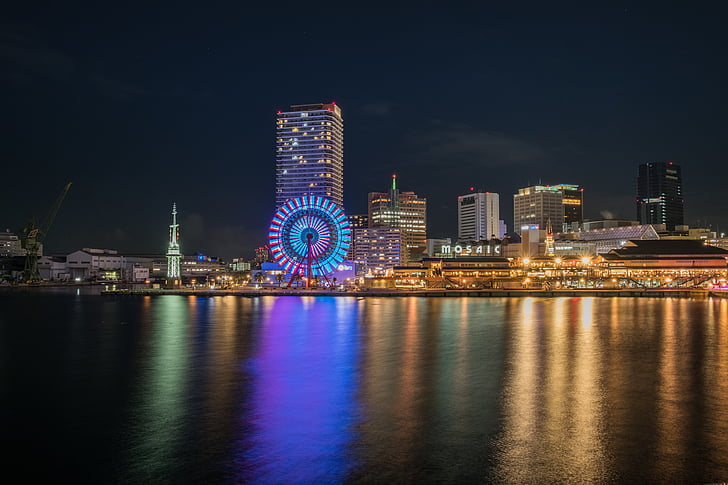Kobe, Japan, hamn, tornet, staden, Osaka, natt