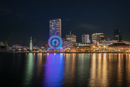 Kobe, Japonsko, Port, veža, mesto, Osaka, noc