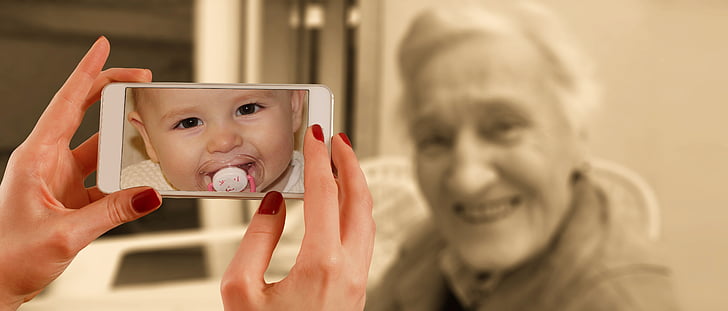 smartphone, ansikte, kvinna, gamla, Baby, unga, barn