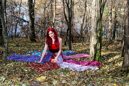 Flicka, skogen, hösten, Fantasy, vilda, klänning, vegetation